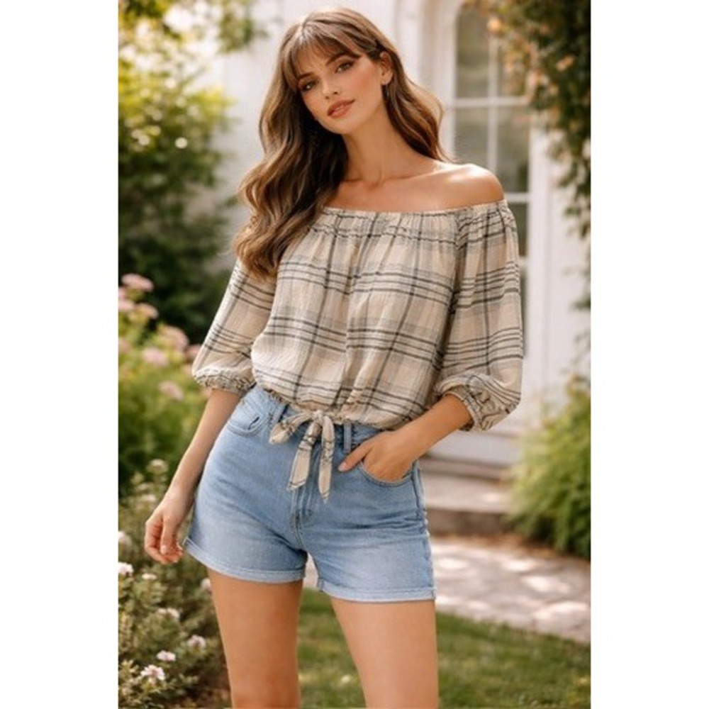 A‎ New Day Womens Plaid Off the Shoulder Tie Front Blouse Cream Black Small NEW